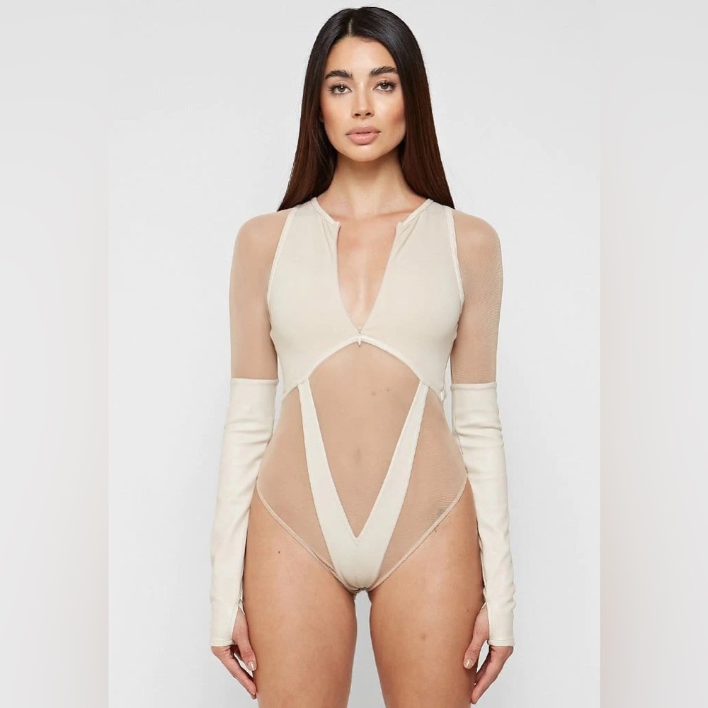 MANIÈRE DE VOIR Leather and Mesh Bodysuit.